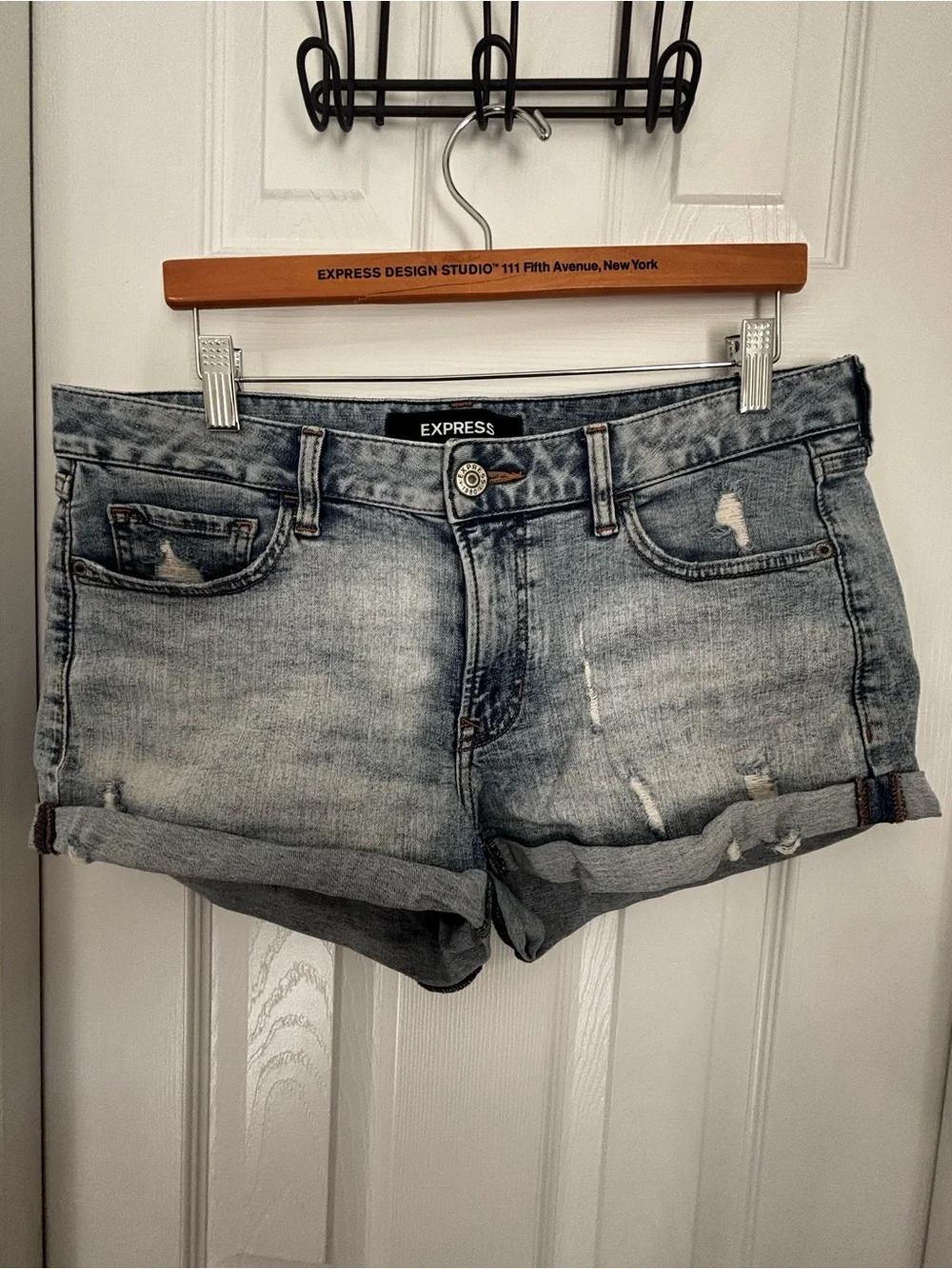 Express Light Blue Distressed Cuffed Denim Shorts